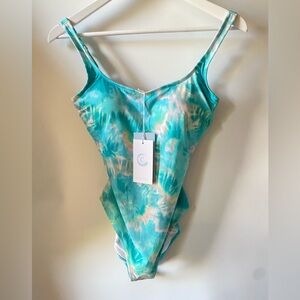 Johnny Was Calme Turquoise Tie-Dye Scoop Neck Strappy One-Piece Swimsuit NWT